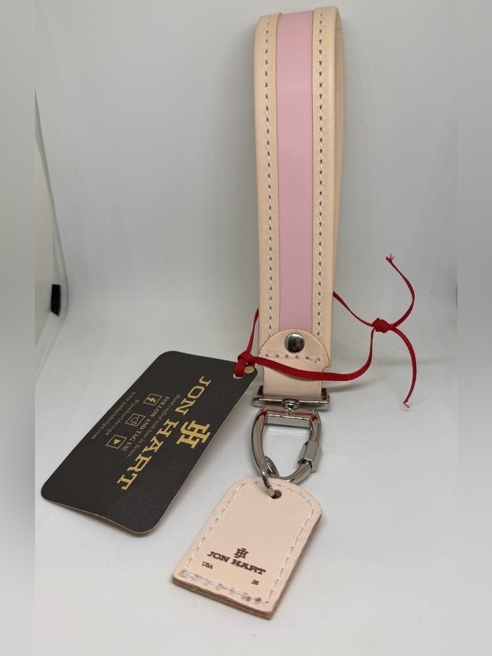 NEW Jon Hart Pearl Wristlet Natural Leather Key Holder Chain Ring Pink Rose